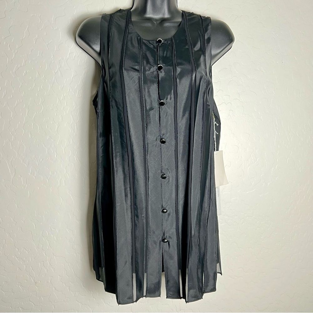 Worth Black Silk Chiffon Sheer Ribbon Sleeveless Button Down Evening Tunic 10